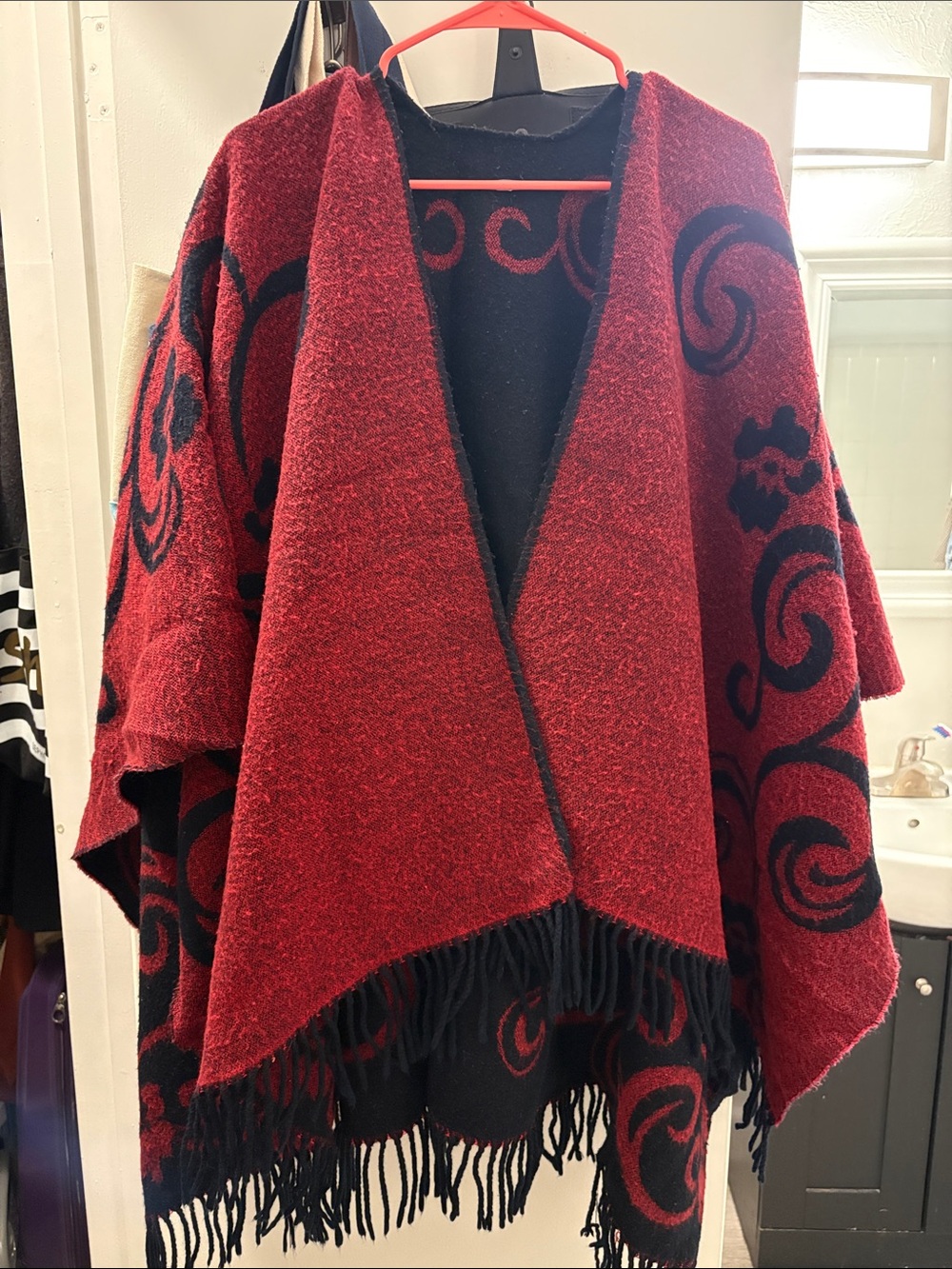 Open-Front Red and Black Fringe Cape